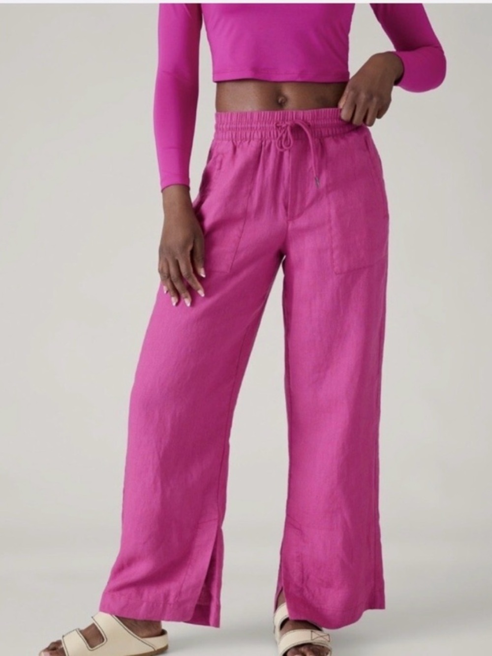 Athleta Beach Retreat Linen Pants Pink Magenta Wide Leg Drawstring Slit Hem M